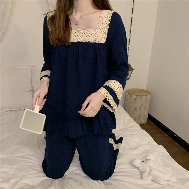 Bộ đồ ngủ tay dài phối ren thiết kế ngọt ngào cho nữ