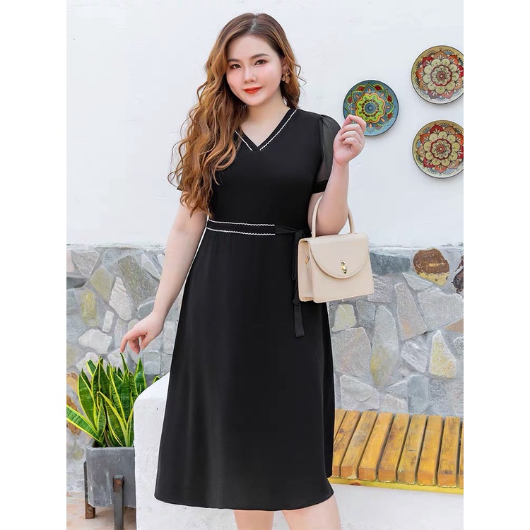 Đầm Váy Dạo Phố Big Size MAIHOUSE Chất Thun Phối Viền Ren Tay Voan Có Dây Eo Màu Đen - D2301