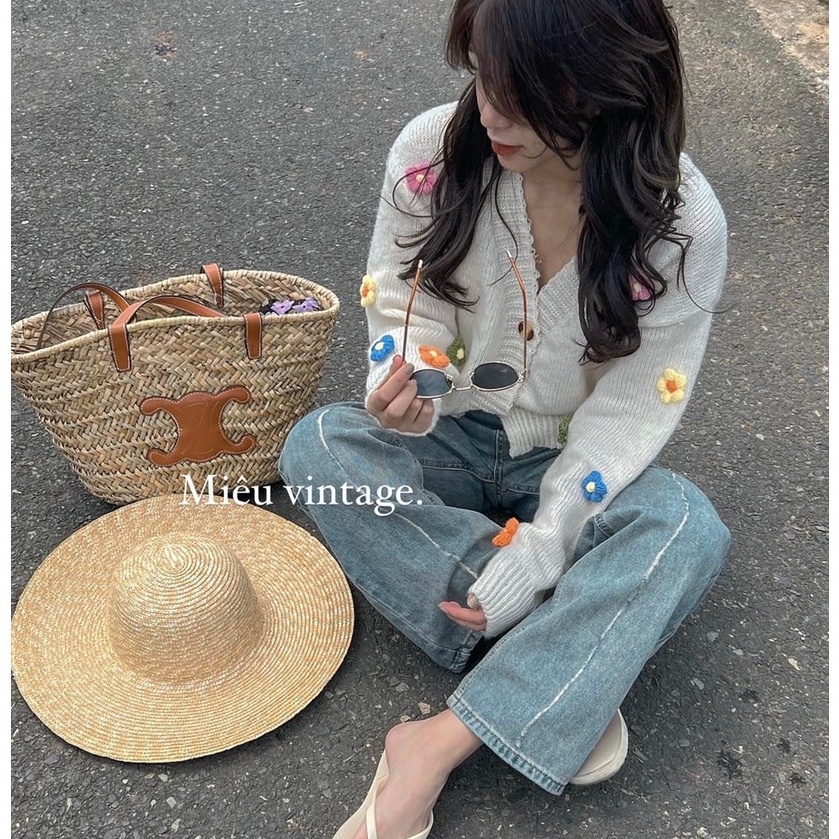 Áo khoác cardigan nữ ullzzang vải len dệt kim cao cấp phối hoa Bingshop
