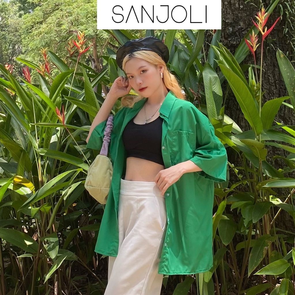 Áo sơ mi nữ tay ngắn Sanjoli kiểu oversize form rộng chất cotton thiết kế Hàn Quốc màu trend AO017