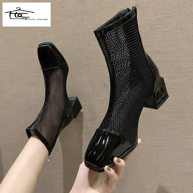 Giày Bốt Martin Mũi Vuông Phối Lưới Rỗng Thoáng Khí Thời Trang Mùa Hè 2022 Cho Nữ