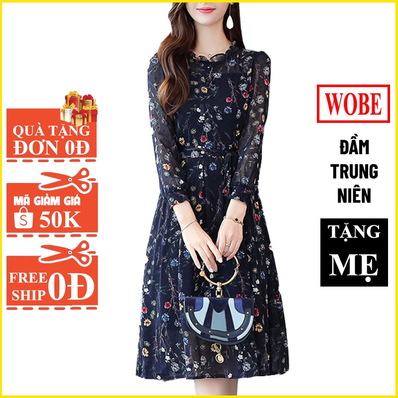 Váy trung niên sang trọng, thiết kế tay dài phong cách Hàn Quốc, vải voan mềm, mịn, mát phối hoa - WOBE Happy Mami - L78