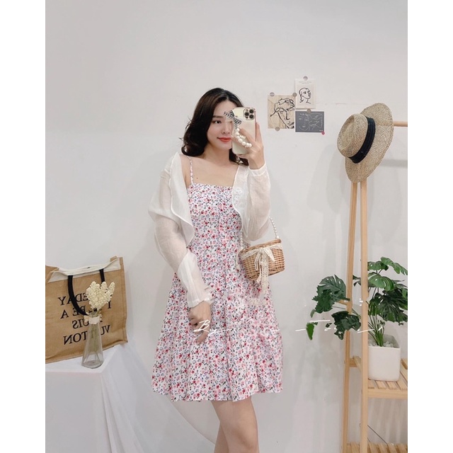 [FREESHIP] SET Đầm 2 dây hoa nhí tùng xoè mix Áo khoác voan mỏng NÀNG CLOSET
