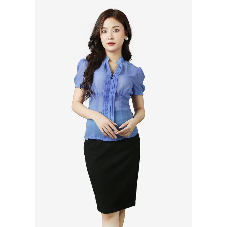 Áo sơ mi voan tím tay cộc cổ tàu nẹp dọc The One Fashion ADP0423TI