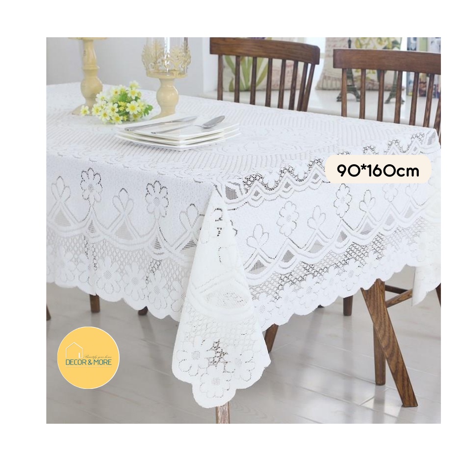 Khăn trải bàn hình chữ nhật ren trắng vintager, dùng cho bàn tròn và bàn vuông, nhiều size 60,90,120,90*160,140*200 cm