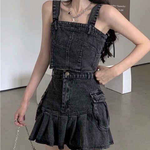 Jiashucheng Bộ Áo Denim + Chân Váy Xếp Ly Thời Trang Mùa Hè Sang Trọng Cho Nữ