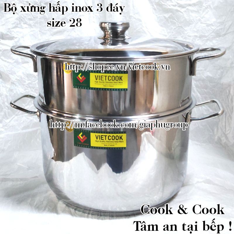 [CHÍNH HÃNG] Bộ xửng hấp inox size 28 Vietcook (nồi 10 lít) đáy từ, Chõ hấp, đồ xôi inox 4 đến 5 kg gạo