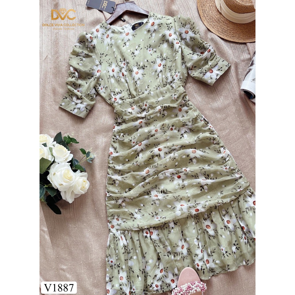 Váy xanh hoa xếp li đuôi cá V1887 - DOLCE VIVA COLLECTION