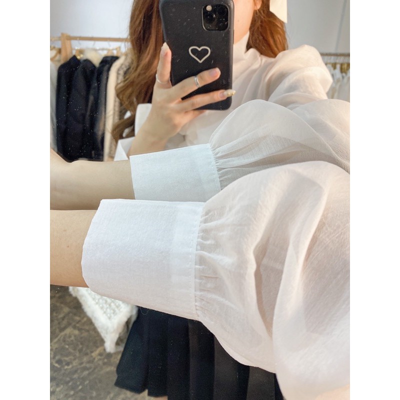 sơmi cổ nơ voan bon