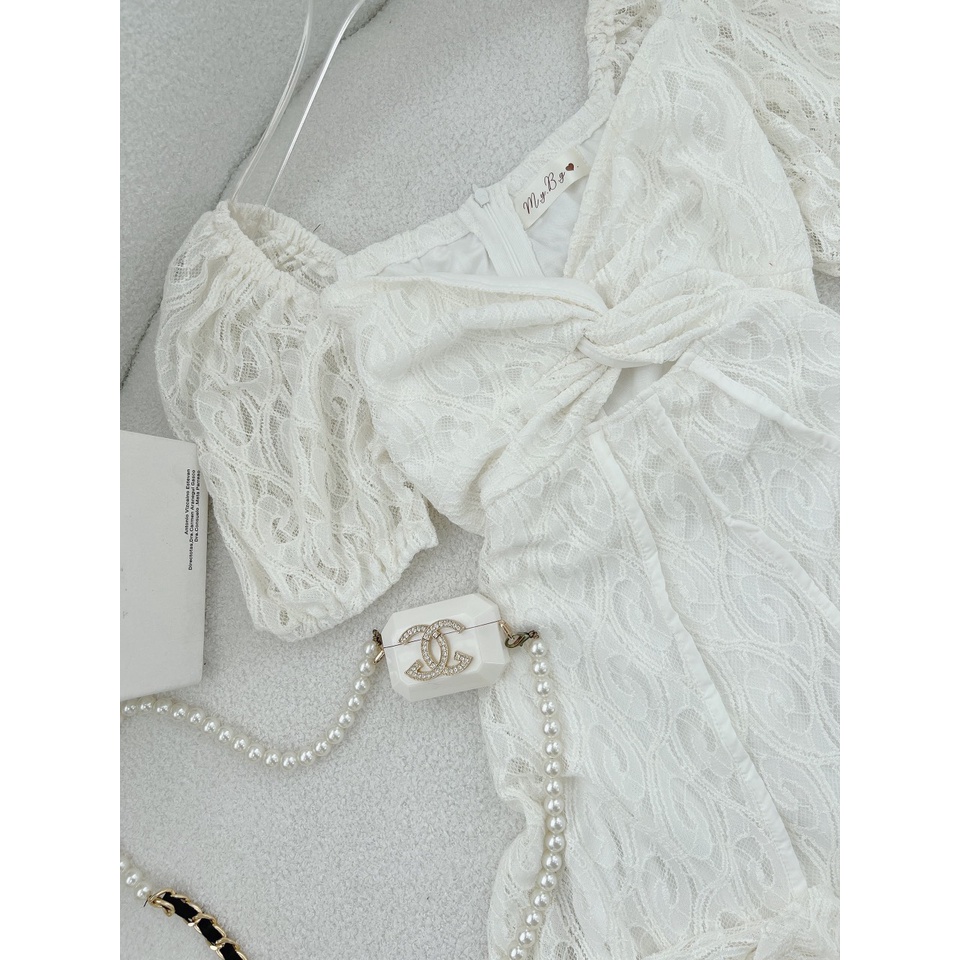 ĐẦM MIDI TRẮNG CUT OUT BỤNG XOĂN REN HOA