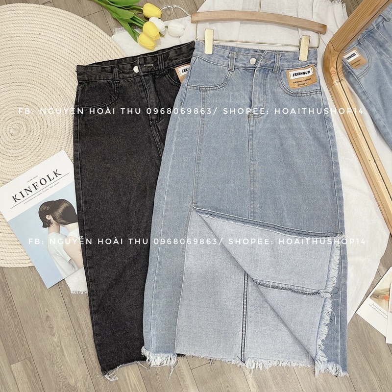 Chân váy denim xẻ tà dáng dài cạp cao hothit - Hoaithustore