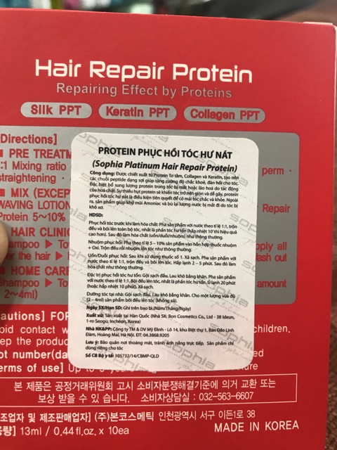 Protein phục hồi tóc hư, nát - Sophia Platium 10 ống/hộp