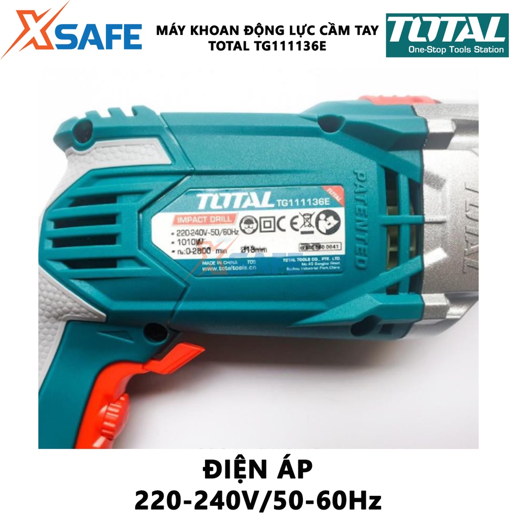 Máy khoan búa cầm tay TOTAL TG111136E công suất 1010W, tốc độ 2800rpm, khả năng khoan 13mm, có chỉnh tốc, đảo chiều