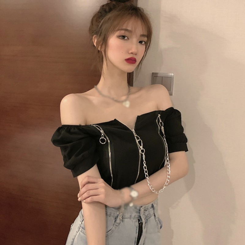 Áo Thun Lửng Tay Ngắn Có Khóa Kéo Gợi Cảm Cho Nữ