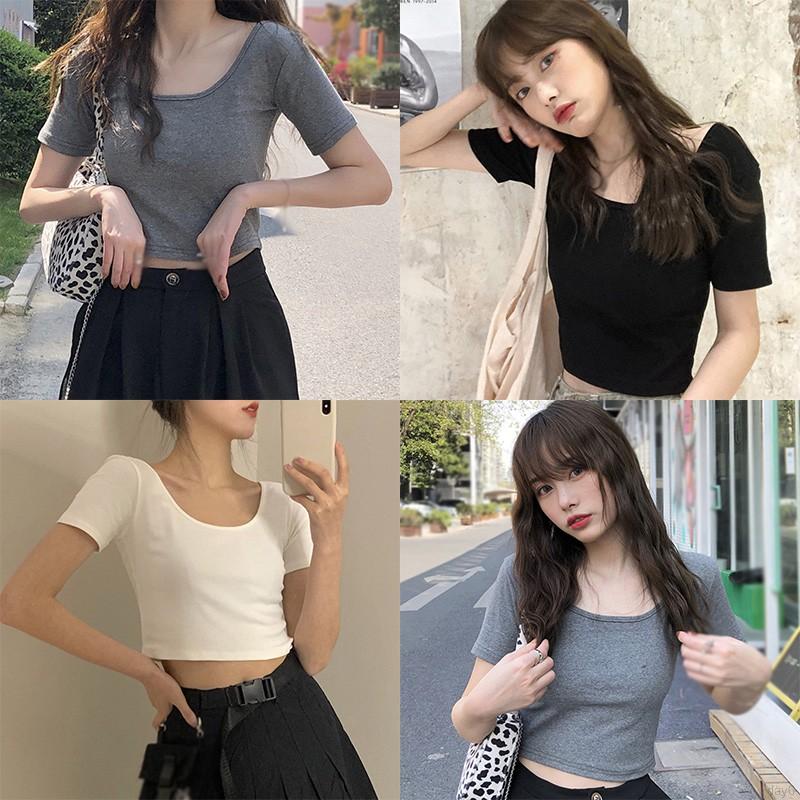 Áo Thun Nữ Tay Ngắn Màu Trơn Đơn Giản Phong Cách Hàn Quốc