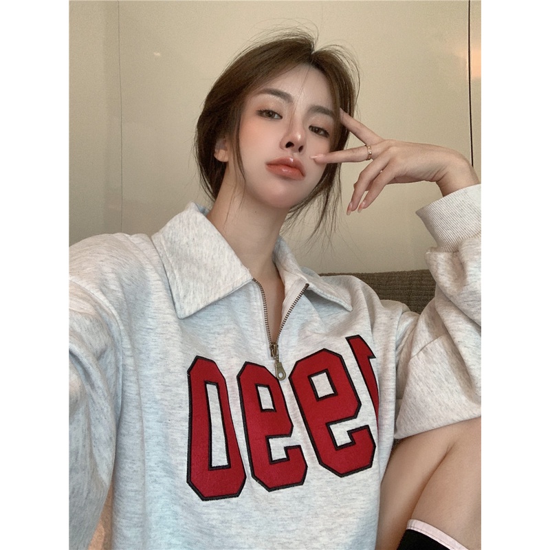 phụ nữ thời trang của Hàn Quốc quần áo lỏng lẻo retro polo cổ áo dài tay áo len | BigBuy360 - bigbuy360.vn