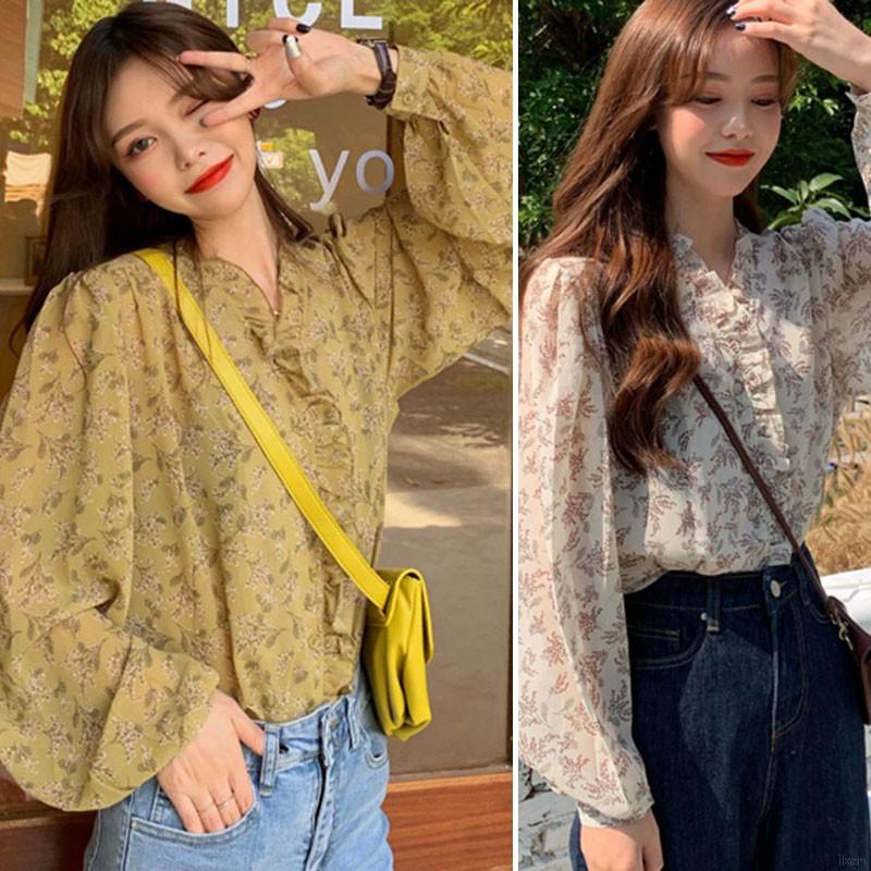 Áo Kiểu Chất Chiffon Tay Dài Hoạ Tiết Hoa Thiết Kế Dáng Rộng Che Nắng Dành Cho Nữ váy Ao