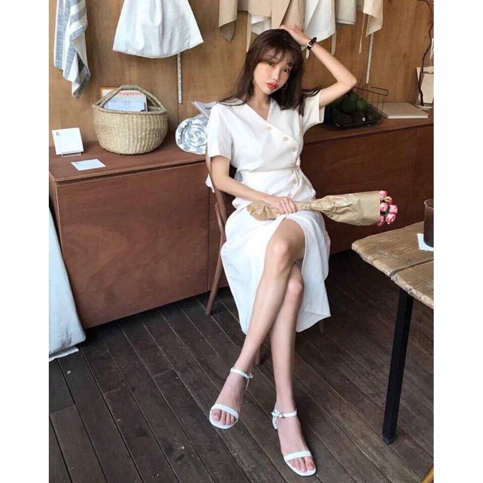 VÁY TRẮNG VÁT CHÉO KHUY NÚT GỖ (kèm ảnh thật)