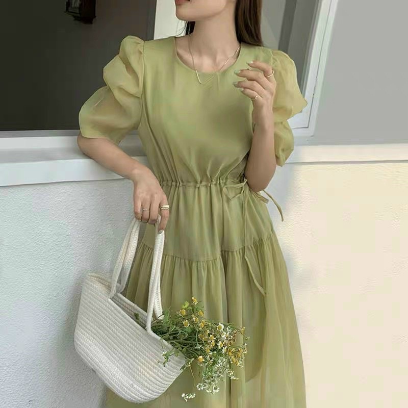 Đầm midi xanh lá voan tơ rút eo