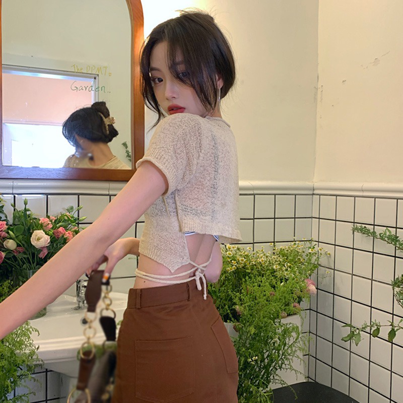 Áo Thun Lửng Tay Ngắn Cổ Tròn Lưng Thắt Dây Thời Trang Cho Nữ