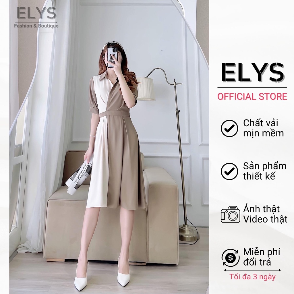 Váy Đầm Công Sở ELYS Chất Trượt Hàn Cao Cấp Thiết Kế Phối 2 Màu Dáng Xòe Nhẹ LY014