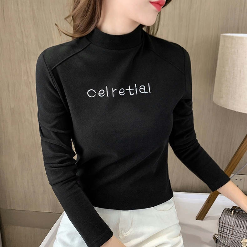 Áo Thun Dài Tay Cổ Cao Lót Lông Cừu Giữ Ấm Thời Trang Thu Đông Cho Nữ