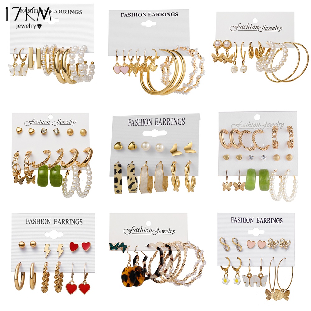 Set 9 đôi bông tai nụ/bông tai tròn 17KM tua rua hình bướm/trái tim đính pha lê ngọc trai họa tiết da báo/da rắn