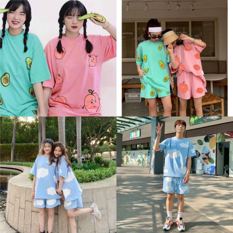 Set Bộ Unisex Đám Mây 💖FREESHIP💖 Đồ Bộ Mặc Nhà Trái Bơ Đẹp - Quần Đùi Phối Áo Thun Tay Lỡ Form Rộng Siêu Cute Suit