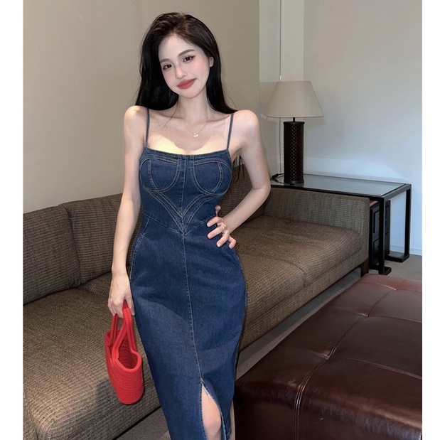 Đầm Denim Hai Dây Dáng Dài Xẻ Tà Màu Xanh Dương Phong Cách Retro Thời Trang Hàn Quốc Quyến Rũ Cho Nữ