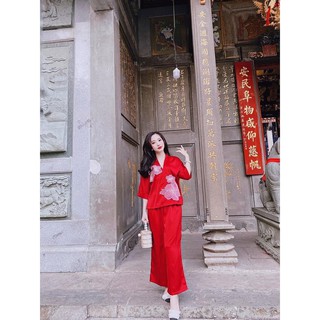 Bộ lụa đi chùa đắp hoa nổi cao cấp