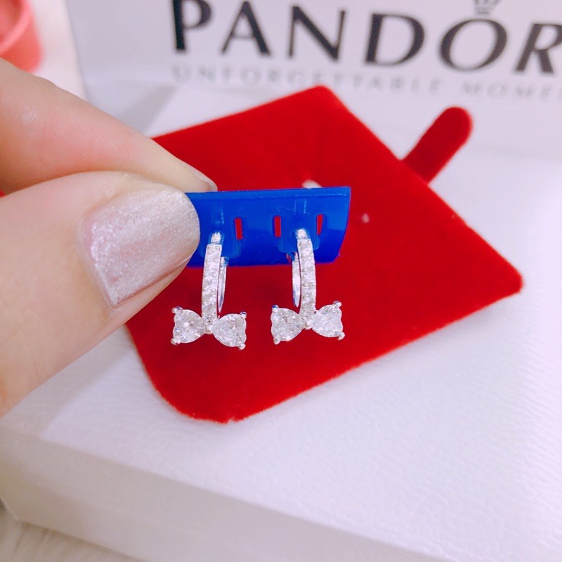 Bông tai bạc nữ dạng khoen tròn bấm hình nơ gắn đá nhỏ - Bạc Bibi