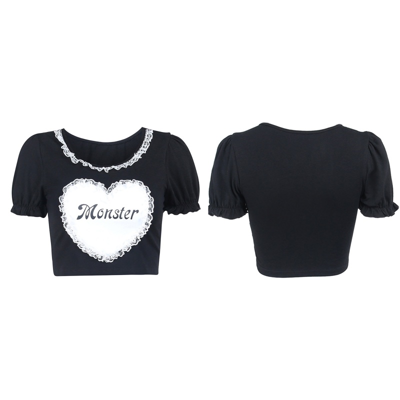 Áo Thun Croptop Tay Ngắn Phồng Phối Ren Họa Tiết Trái Tim Phong Cách Gothic