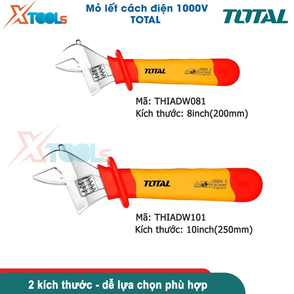 Mỏ lết đa năng TOTAL 8-10inch, cách điện 1000V an toàn tiêu chuẩn Đức, dùng siết mở, nới lỏng đai ốc[CHÍNH HÃNG][XTOOLS]