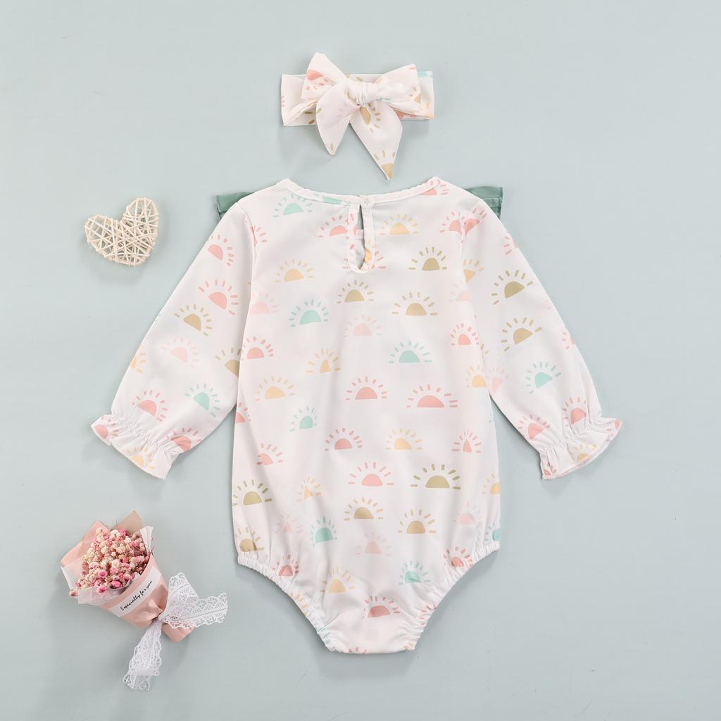 Bộ Áo Liền Quần Tay Dài Cổ Tròn In Hình Mặt Trời + Băng Đô Cài Tóc Xinh Xắn Cho Bé Gái 0-18 Tháng Tuổi