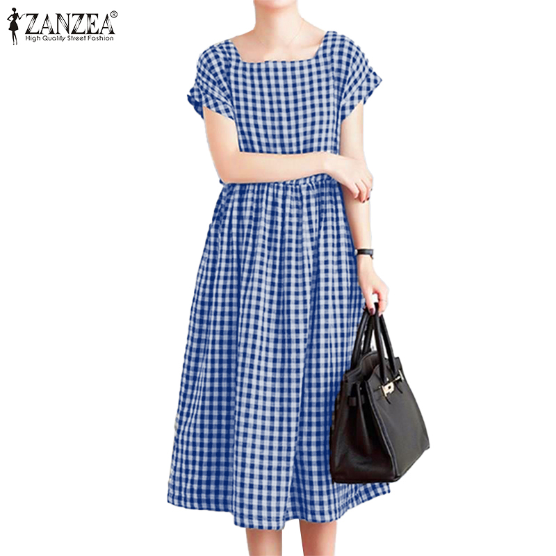 Đầm Lửng ZANZEA Tay Ngắn Họa Tiết Caro Giản Dị Thời Trang Dành Cho Nữ