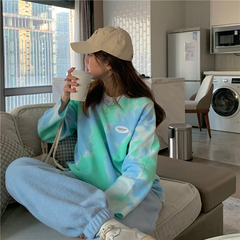 SUXI Áo Thun Tay Dài Nhuộm Màu Dáng Rộng Thời Trang Xuân Thu