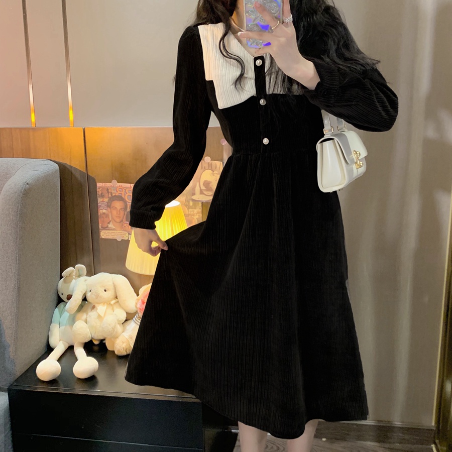 Đầm Perty nhung kẻ dáng ôm tay phồng thời trang Hàn Quốc dành cho nữ