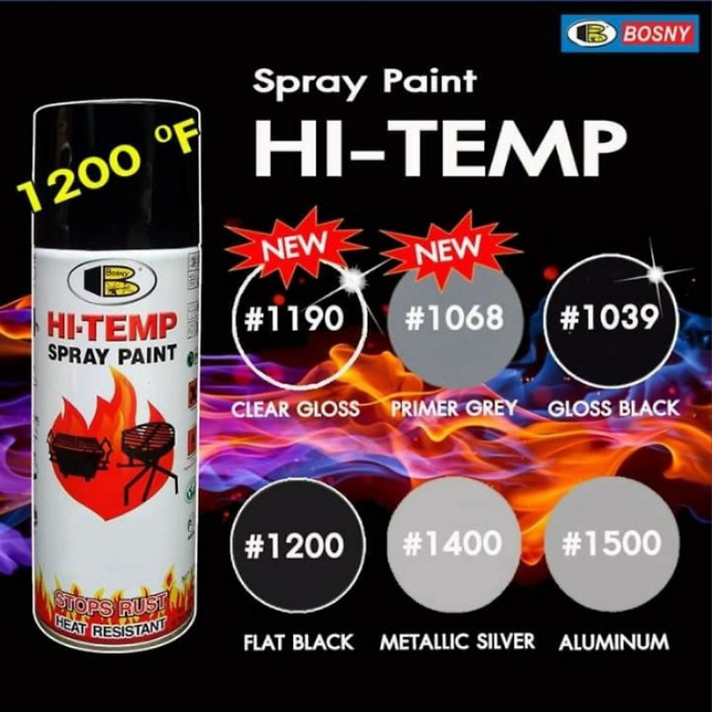 Sơn xịt chống cháy, Sơn xịt chịu nhiệt độ cao 1200°F 400cc- HI-TEMP Spray Paint- Hiệu Bosny (Màu đen mờ, màu bạc)