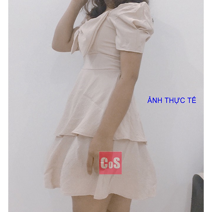 Đầm xèo, đầm nữ dáng xèo, 2 tầng phối nơ ngực, có lot ngực, chất xốp, hai màu chọn lọc trắng và be. Cos V1011 | BigBuy360 - bigbuy360.vn