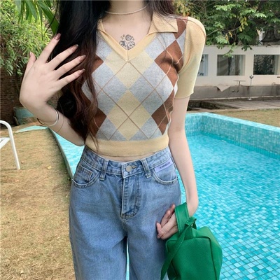 SUXI Áo Croptop Dệt Kim Tay Ngắn Cổ Chữ V Thời Trang Mùa Hè Phong Cách Vintage Cho Nữ