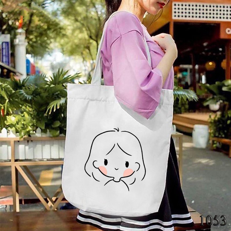 TÚI TOTE TRẮNG CHẤT VẢI CANVAS 1053 CÔ GÁI MÁ HỒNG DỄ THƯƠNG HÀNG CHUẨN ĐẸP