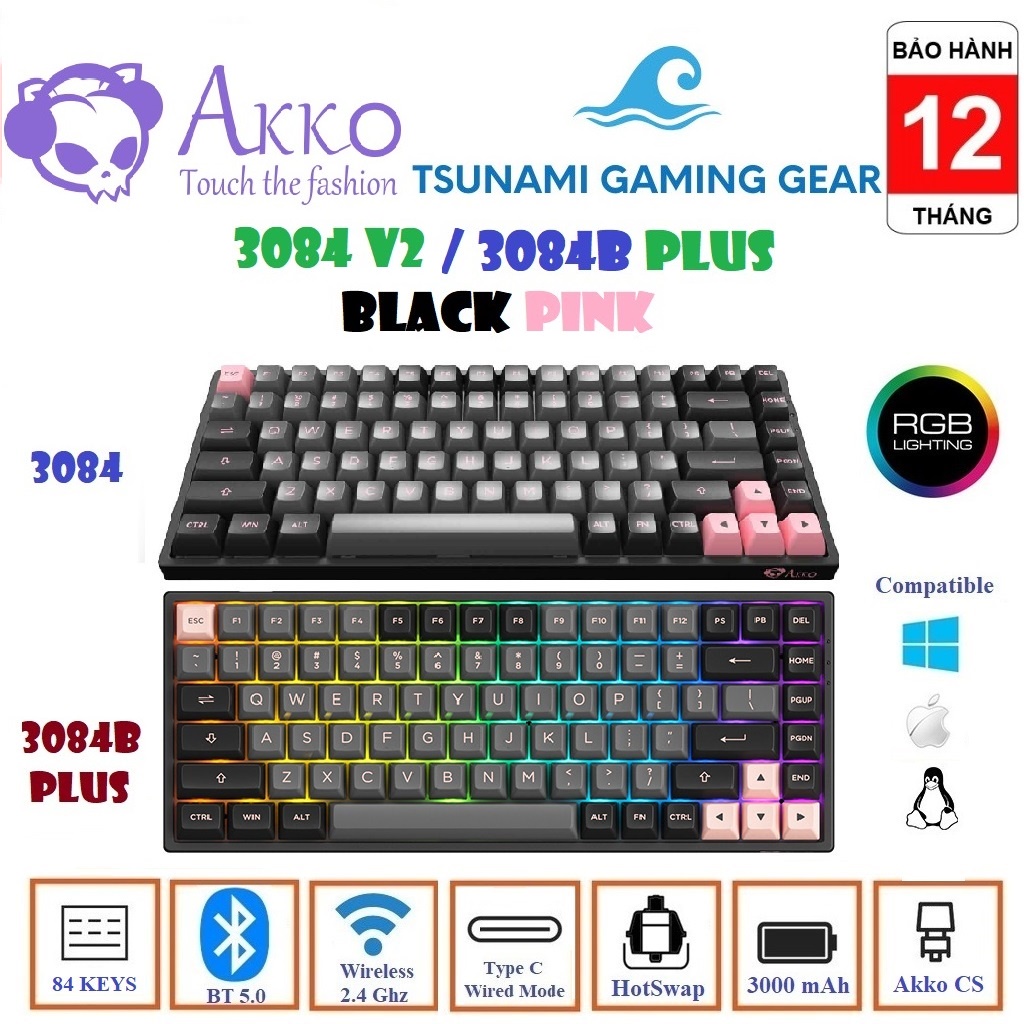 Bàn phím cơ AKKO 3084 v2/ 3084B Plus ASA Black Pink Hotswap RGB/ Wireless 2.4 Ghz/ USB Type C