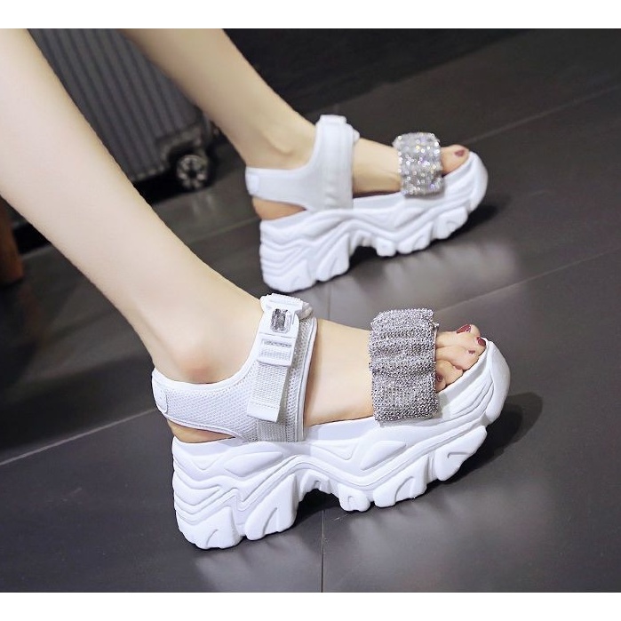 Giày Sandal Đế Dày Quai Dán Đính Đá Thời Trang Mùa Hè 2022 Cho Nữ