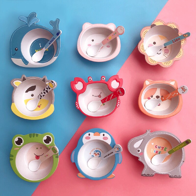 Hàng Mới Về Mới Set Bát Ăn + Muỗng + Bát Ăn Bằng Sợi Tre Có Giác Hút Chống Bỏng Cho Bé