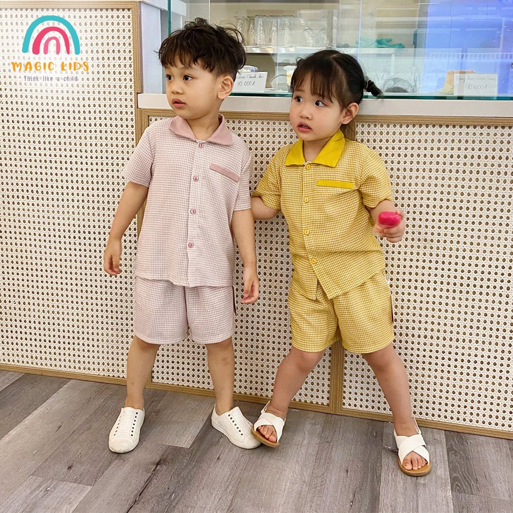 Bộ đồ kẻ caro cho bé mặc nhà MAGICKIDS - Set áo cộc tay có cổ và quần đùi thoáng mát cho trẻ từ 8-23kg