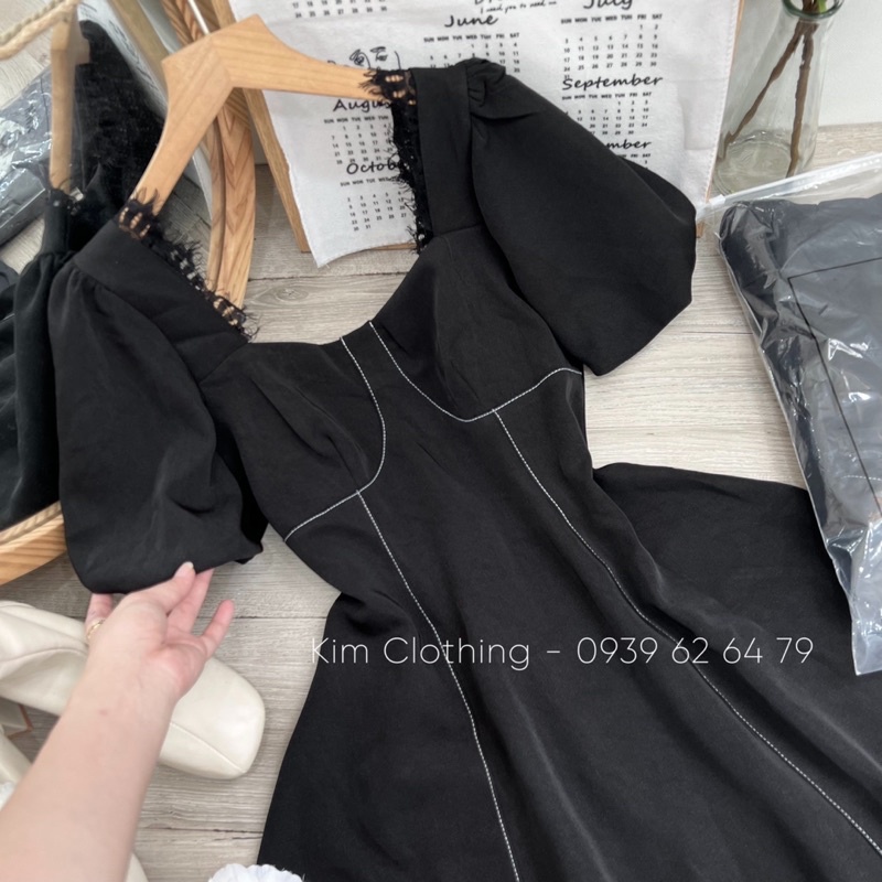 Đầm đen cổ U viền ren tay bồng dáng xoè ngắn chạy chỉ [hình chụp thật]