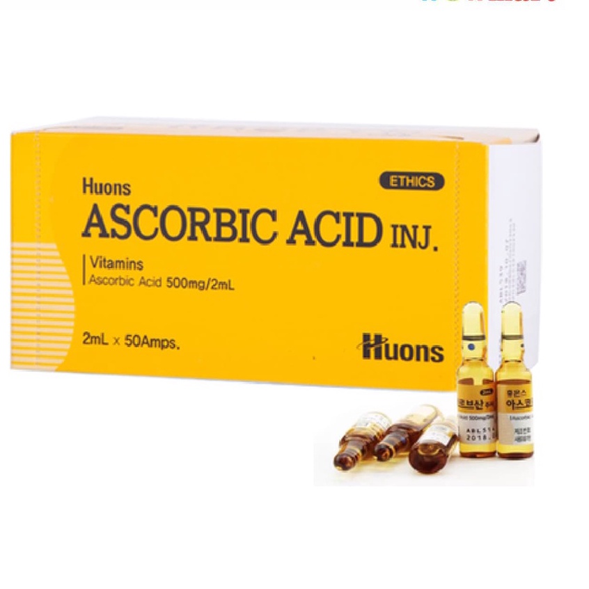 Hộp 50 ống Vitamin C Huons - Chính Hãng Hàn Quốc Dùng mix với tảo xoắn hồng sâm cấy meso trắng da Ascorbic acid
