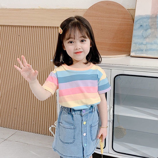 Áo Thun Tay Ngắn Họa Tiết Sọc Đỏ Cho Bé Gái 1-6 Tuổi