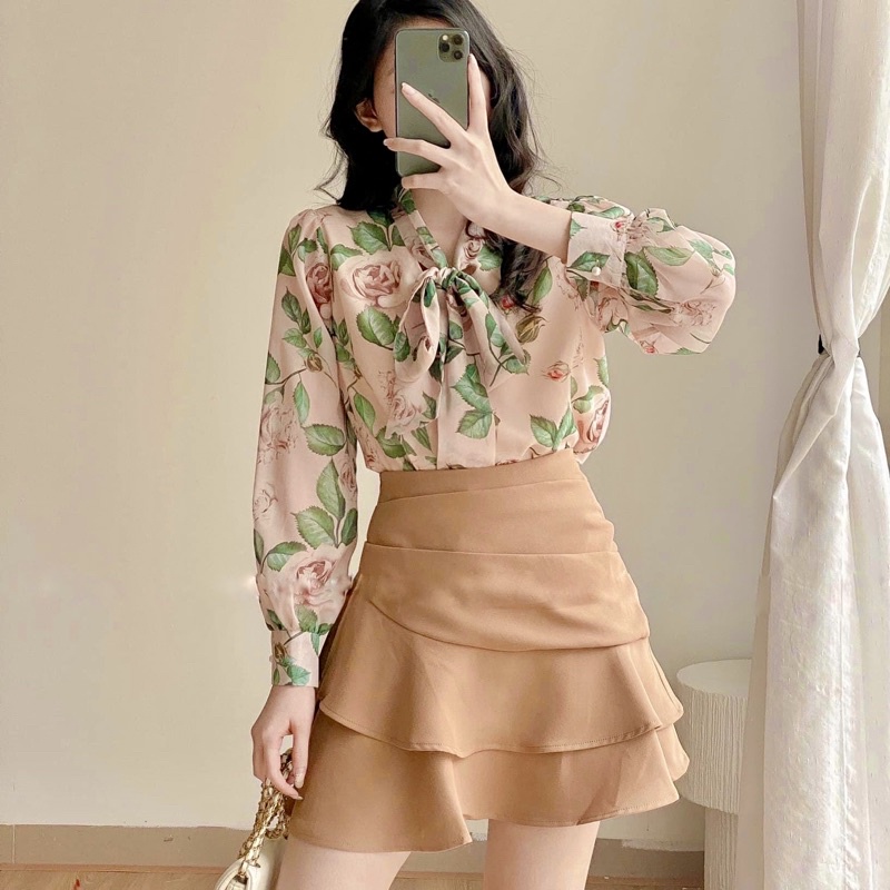 áo sơ mi hoa cổ nơ tiểu thư phong cách hàn quốc chất liệu vải tơ mềm mịn A42