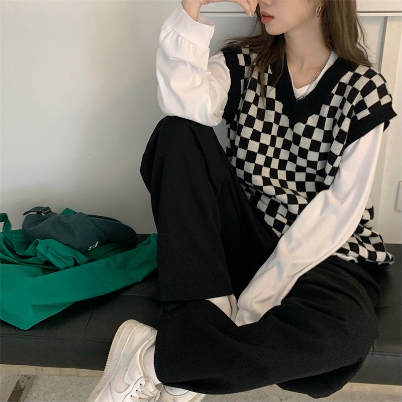 Áo gile nữ len ulzzang cổ chữ V họa tiết kẻ ô đen trắng - AL06 | BigBuy360 - bigbuy360.vn